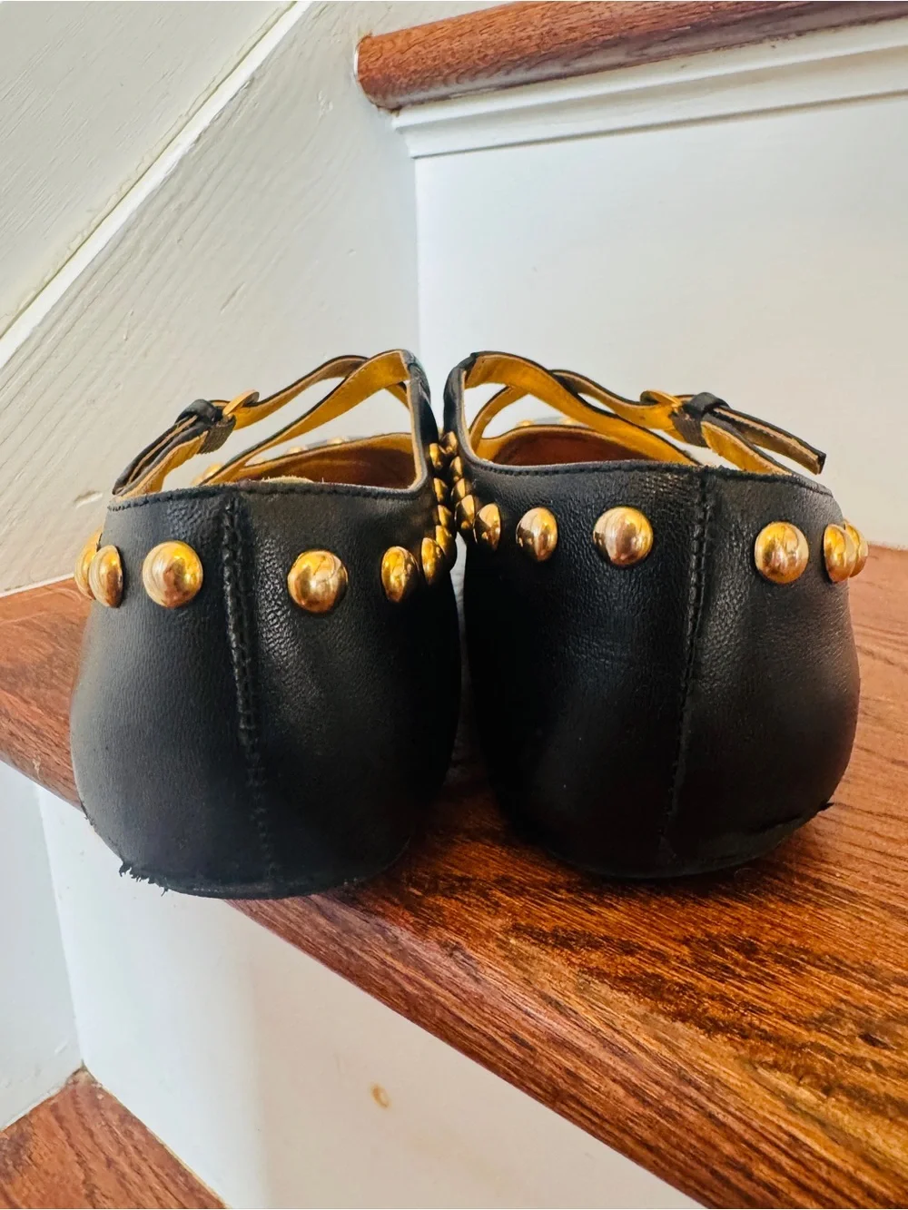 Reformation Black Mary Jane Heels with Gold Studs